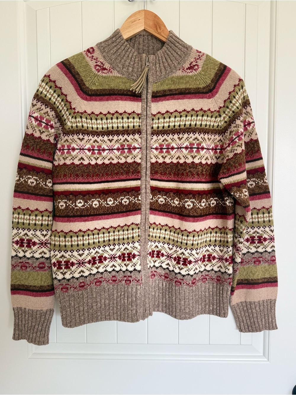 Tiara International Vintage Fair Isle Full Zip Cardigan Brown Pink Green L Knit